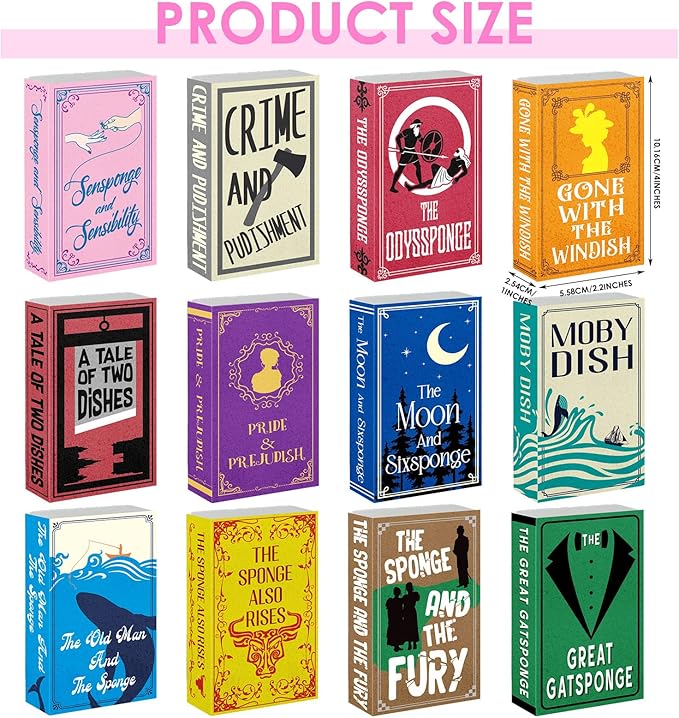 12 Pieces Book Kitchen Sponges Novels Sponges Fun Non-Scratch Scrub for Washing Dishes Pots Pans and Household Cleaning Supplies for Kitchen Dishes Furniture Gifts