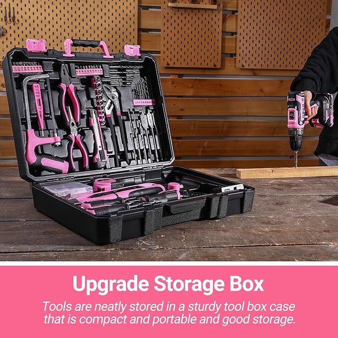 Pink Power Drill Tool Kit Set: 20V Cordless Electric Drill, Driver, Tool Box with Battery