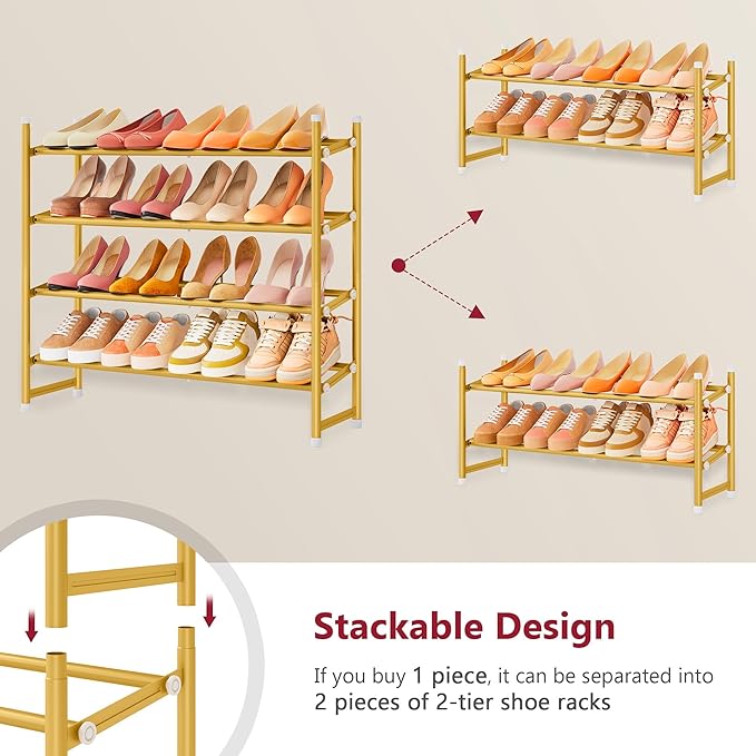 Tajsoon Expandable Shoe Rack for Closet 4 Tier, 29“-41“Adjustable & Stackable Shoe Shelf Storage, Metal Shoe Rack Organizer for Front Door Entrance, Closet, Garage, Entryway, Gold