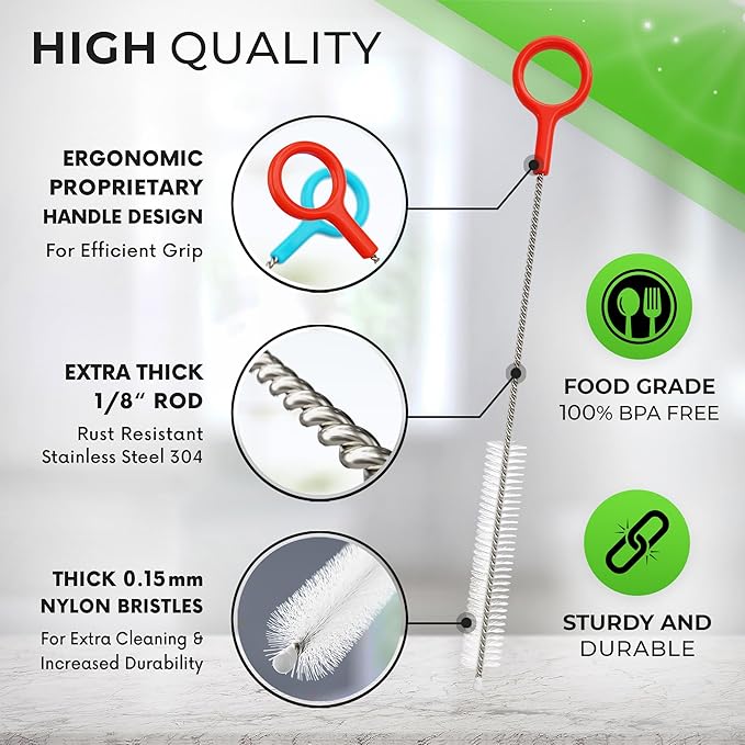 Heavy Duty Cleaning Brushes Set of 8 - Extra Long Straw Cleaners for Metal and Plastic Reusable Drinking Straws, to Clean Small Spaces, Sippy Cups, Water Bottles - Sturdy Hard Brush Bristles