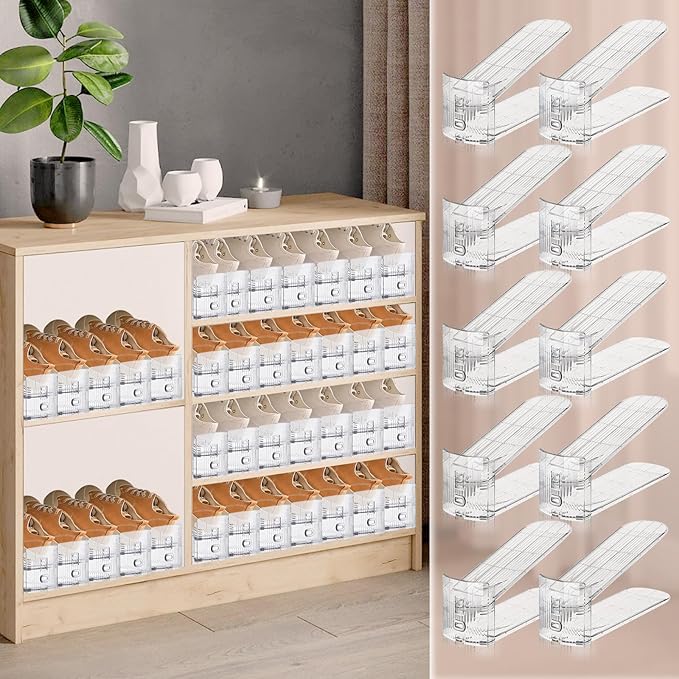 FENRUNXU 10 Pack Transparent Shoe Stacker,Shoe Slots Organizer for Closet, Shoe Display Space Saver,Adjustable Shoe Rack Organizer Holder for High Heels,Sneakers(Transparent)
