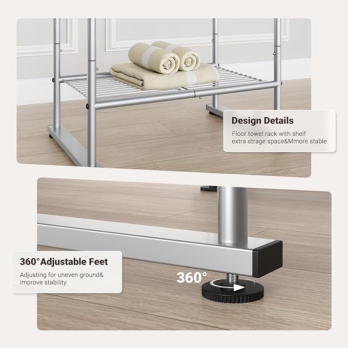 ELYKEN 40'' Tall Standing Towel Racks, 3 Tier Towel Drying Rack Outdoor, Pool Towel Stand Blanket Holder with Shelf & 4 Removable Hooks, Metal Freestanding Towel Racks for Bathroom, Smooth Silver