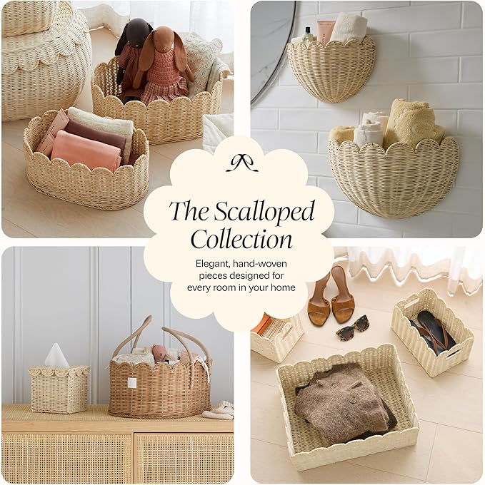BEBE BASK Scalloped Wicker Hanging Basket - The Original Wicker Wall Decor - Hand Woven Wall Basket - Home Décor Wall Hanging Basket - Wall Storage Basket for Nursery, Living Room and Bathroom (Mocca)