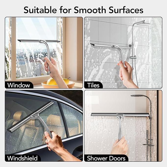 Shower Squeegee for Shower Glass Door with Adhesive Hook, Stainless Steel Squeegee for Shower Glass, Window Squeegee for Cleaning Tile Wall, Mirror, Car(10", Silver)