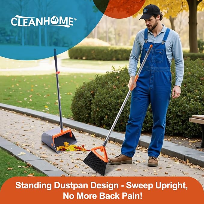 Heavy Duty Outdoor Broom and Dustpan Set with Long Handle, Standing Dustpan & Split-End Bristles for Patio, Garage, Deck, Leaves Debris Cleaning