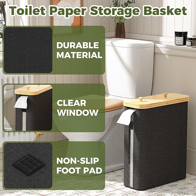 42L Toilet Paper Basket with Bamboo Lid, Toilet Paper Storage with Toilet Paper Holder & Non-Slip Mat for Bathroom Organizer, Holds up to 19 Regular Rolls or 14 Mega Rolls, Collapsible & Stackable