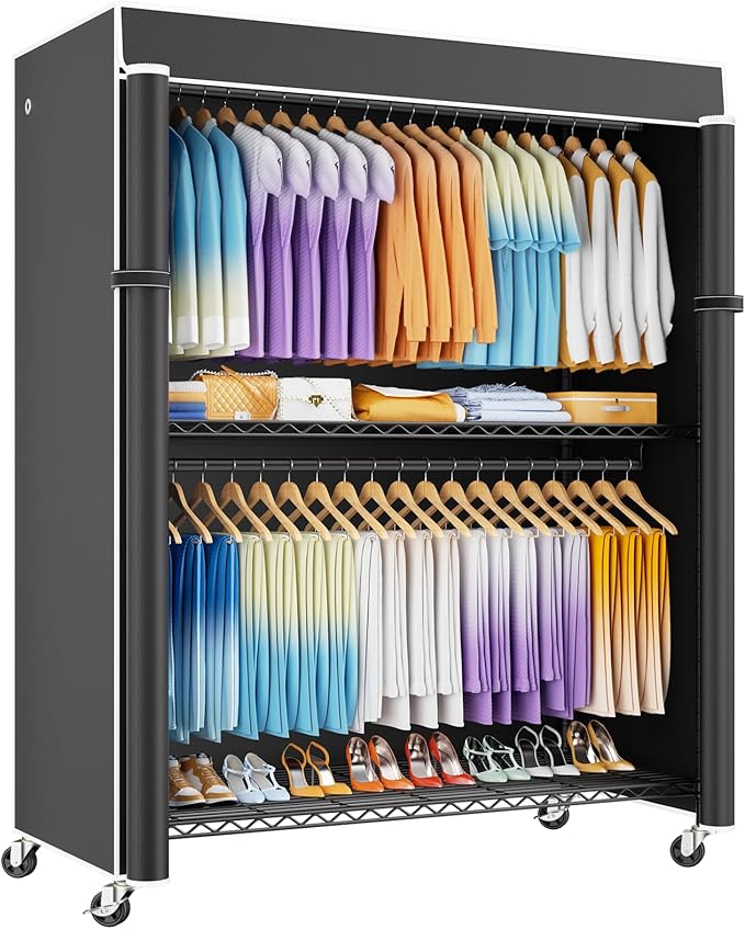 ULIFHOME P8C Max Heavy Duty Clothes Rack（With Extended Width Design） Rolling Clothing Racks for Hanging Clothes with Lockable Wheels，51.2"W x 15.8"D x 80.5"H，Load 700LBS，Black Rack with Black Cover