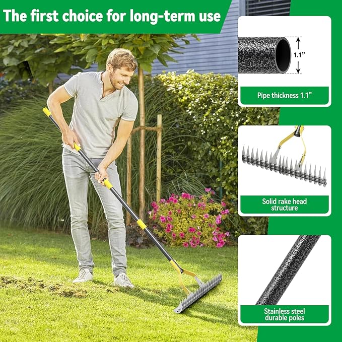 Thatch Rake,71 inch Thatching Rake for Lawn Stainless Steel Metal Dethatcher Rakes with Sheath,Heavy Duty Weed Rakes for Cleaning Dead Grass,Yard,Garden,Leaves,Loosening Soil