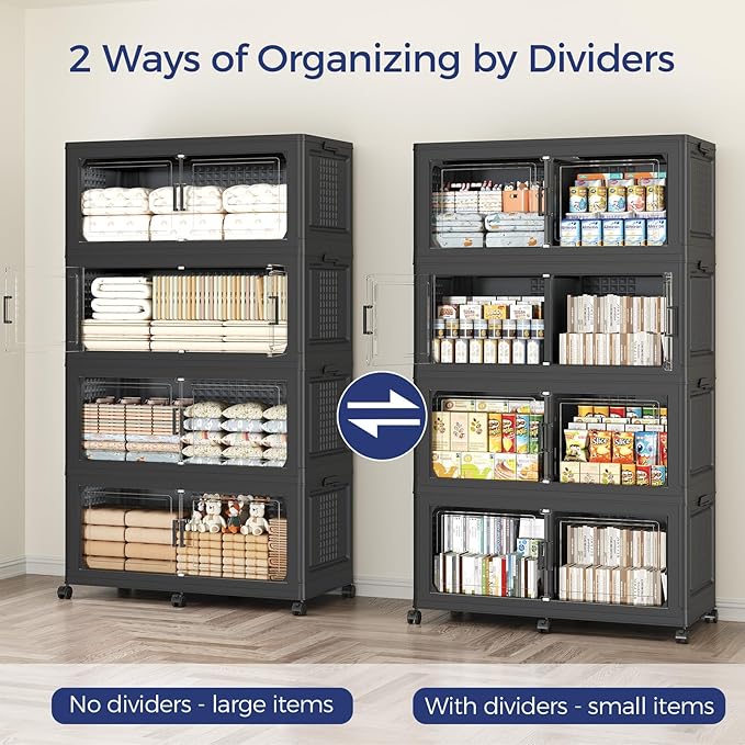 160GAL Extra Large Storage Bins with Lid, 640Qt Stackable Closet Organizers and Drawers, Collapsible Storage Bins with Wheels, Folding Containers for Home, Kitchen Office, 4Pack Black
