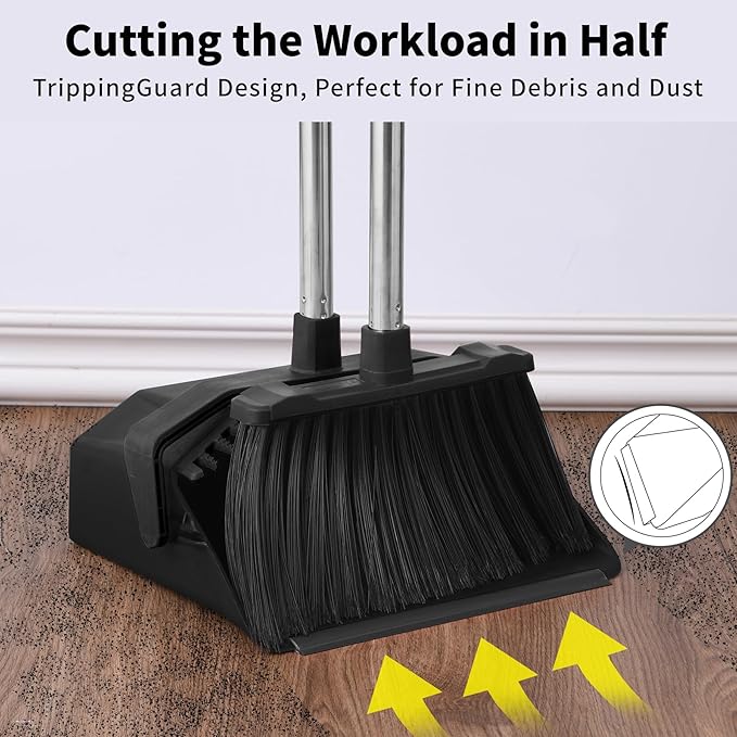 3-Pack Broom with Dustpan Combo Set, Commercial Broom and Dustpan Set, Dust Pan with Long Handle, 51'' Large Brooms with Self-Cleaning Dust Pan Teeth for Restaurant Lobby Garage - Black