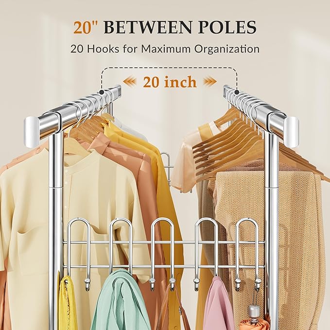 Gewudraw Heavy Duty Clothes Rack with Metal Basket, 1060 LBS Rolling Double Rod Garment Rack, Portable Extendable Clothing Rack with Wheel for Bedroom, Laundry Room & Retail Store
