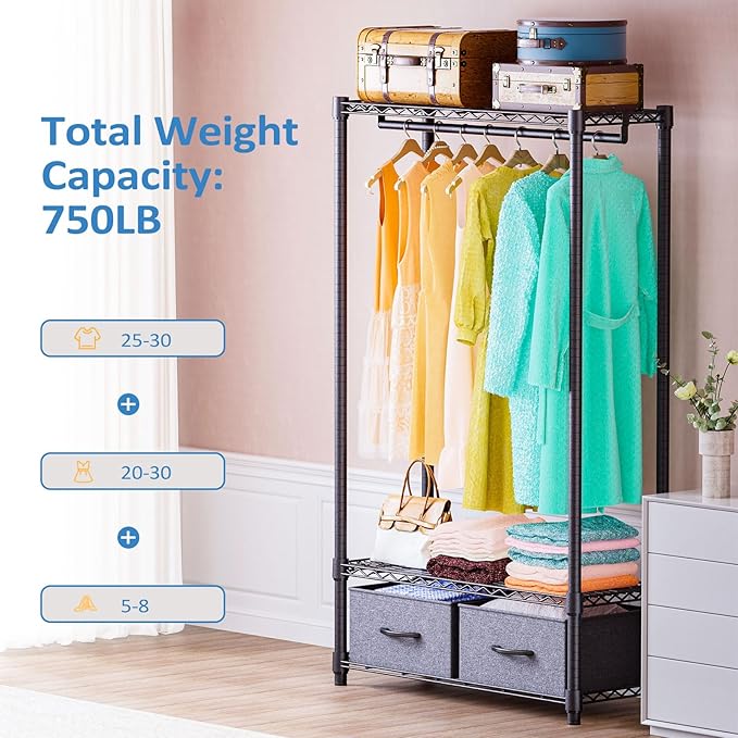 IZEUK Heavy Duty Rolling Garment Rack Wire Clothes Rack for Hanging Clothes (Dark Grey, 3 Tier with 2 box, 15.7" D x 35.5" W x 72.4" H)