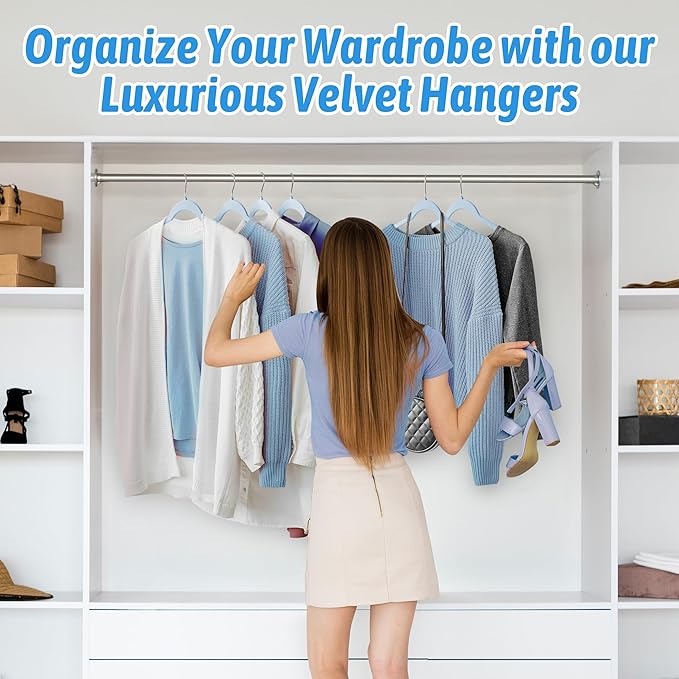 Sishynio 30 Pack Velvet Hangers – Premium Non-Slip Slim Clothes Hangers with 360° Swivel Hook, Space-Saving Flocked Shirt Hangers for Coats, Dresses, Blouses, Suits(Blue)