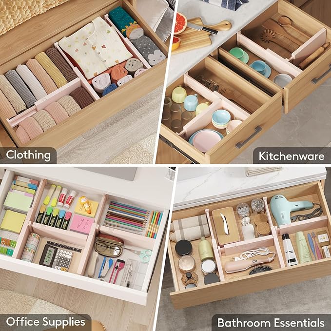 Lifewit 5 Pack 4" High Drawer Dividers 28-43.5cm/11-17" Adjustable Drawer Organizer for Clothes/Utensils, Expandable Drawer Separator in Dresser/Kitchen/Bedroom/Office Organization & Storage Pink