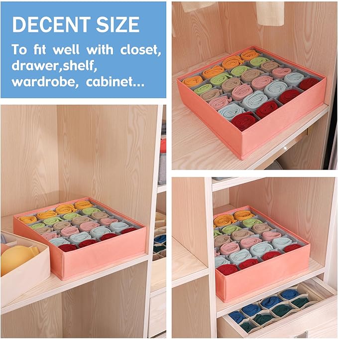 Foldable Storage Cubes Drawer Underwear Organizer Dividers， under Cabinet Organizer 24-Cell Fabric Storage Boxes for Lingerie,Socks,Ties （Orange）