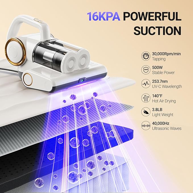 FEPPO Mattress Vacuum Cleaner, 16Kpa Bed Vacuum Cleaner with 253.7nm UV-C Light, 140°F Heat, HEPA Filter & Ultrasonic, Versatile Handheld Vacuums for Bed, Sofa, Couch, Crib(Corded, 500W)