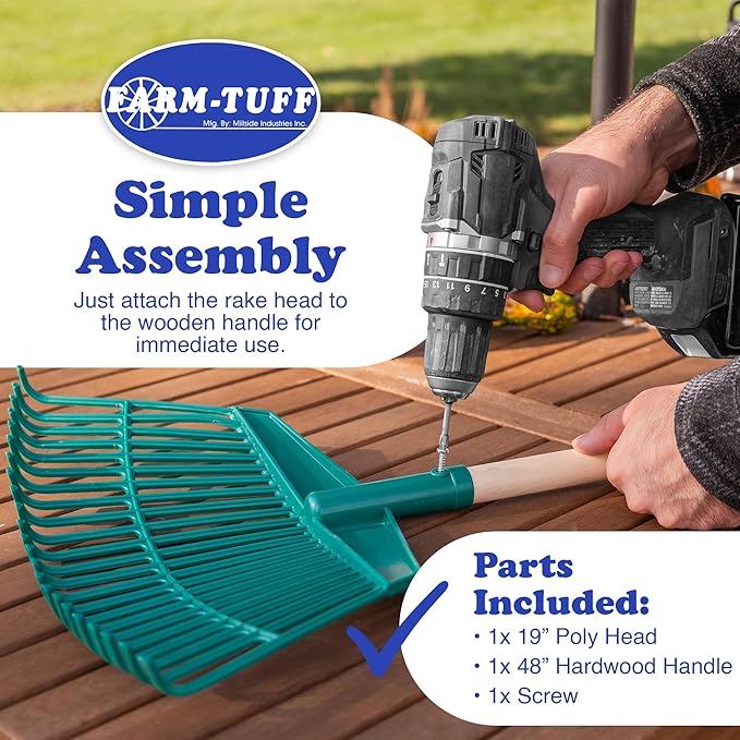 FARM-TUFF 19 Inch Leaf & Garden Rake with 48 Inch Hardwood Handle – Wide, Durable Rake for Lawns, Flower Beds, and Yard Cleanup