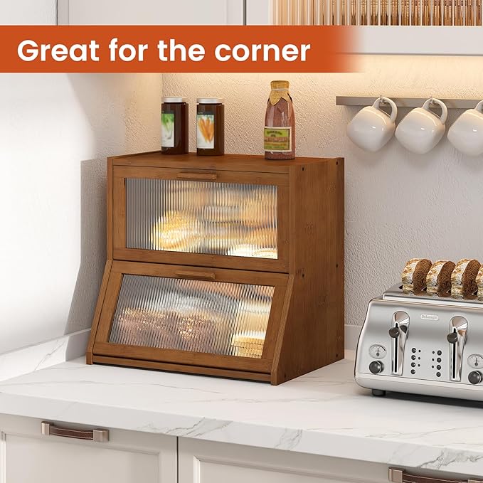 GHWIE Double Layer Bamboo Bread Box for Kitchen Counter,Large Capacity Bread Storage Bin,Bread Container with Acrylic Wavy Door Panel (Brown, Extra Large)