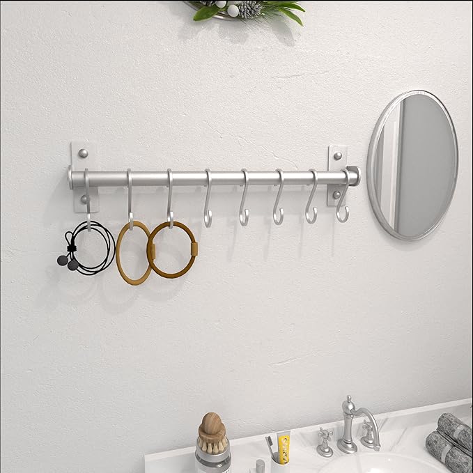 Dseap Kitchen Utensil Holder Hanger, Pot and Pan Rack Wall Mounted, Kitchen Rail with 8 Hooks for Hanging Cooking Utensils, Mugs, Spoons, Wall Mounted, Silver