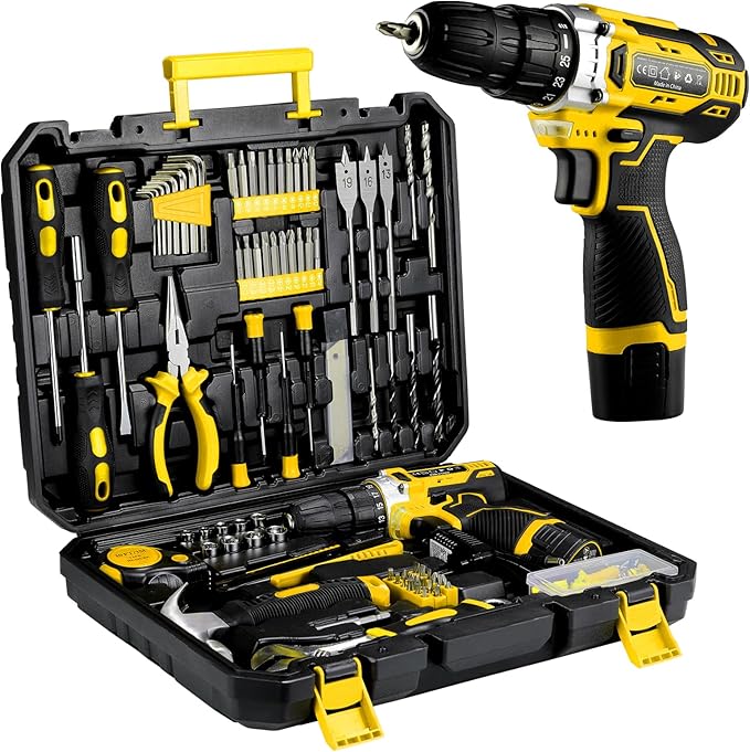 TLGREEN Complete Home Tool Kit with 12V Cordless Drill & Magnetic Bits | 138Pcs All-in-One Set for DIY, Repairs & Assembly | Durable Case & Fast Charging | Ideal for New Homeowners | Yellow