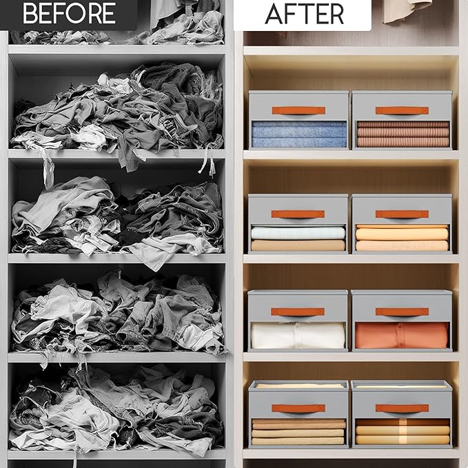 Homsorout Drawer Organizers and Storage - 6 Pack Foldable Pants Organizer with Clear Window & Handles, Fabric Closet Organizer for Clothes, Jeans, Sweaters, Towels, T-shirt, Scarf (Grey)