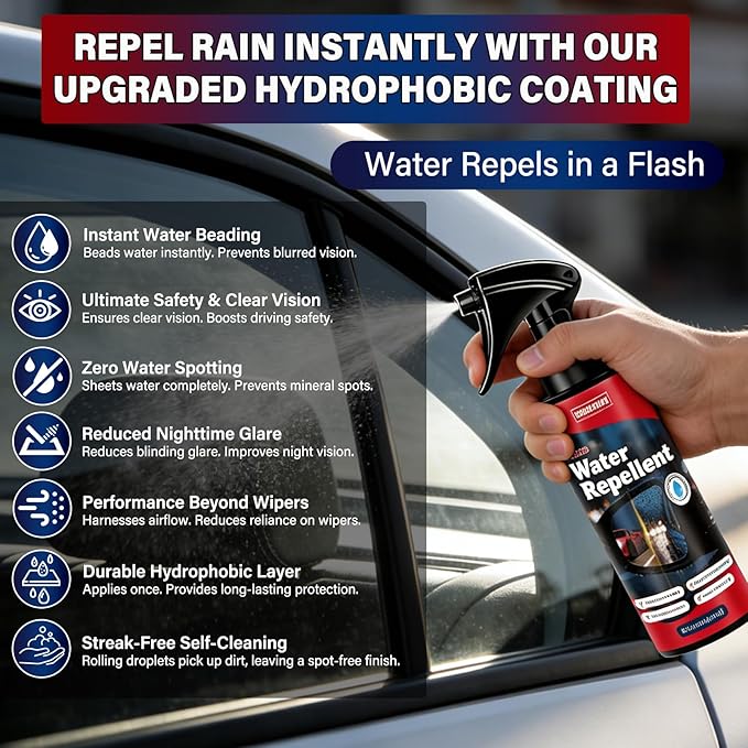 Car Glass Cleaner & Water Repellenet, Windshield Rain Repellent Streak-Free Water Spot Remover Hydrophobic Coating Protecting Against Stains Safe on Glass, Tinted Windows & Mirrors- Pack of 2