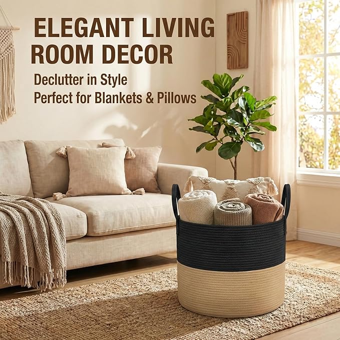 JMvicyroam 115L Extra Large Blanket Basket for Living Room - Woven Cotton Rope Laundry Hamper with Reinforced Handles - Storage Bin for Pillows, Comforters & Toys - Machine Washable,Black&Jute