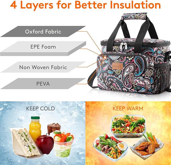 Lifewit Medium Lunch Bag, Insulated Lunch Box, Soft Cooler Cooling Tote for Adult Men Women, Paisley 12-Can (9L)
