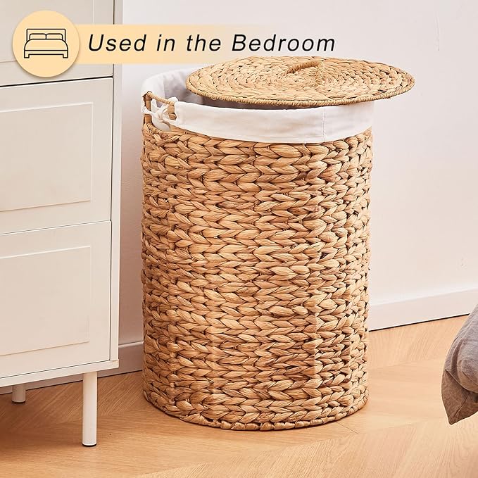 Round Water Hyacinth Laundry Hamper with Lid Handwoven Wicker Basket with Handles for Dirty Clothes, Storage, and Organization Ideal for Bedroom, Bathroom, and Laundry Room, No Assembly Required, 90L