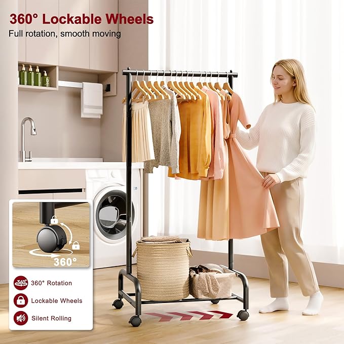 SLEEPING LAMB Heavy Duty Clothing Racks for Hanging Clothes, Small Rolling Clothes Rack with Wheels, Sturdy Garment Wardrobe Rack for Bedroom, Laundry Room, Black