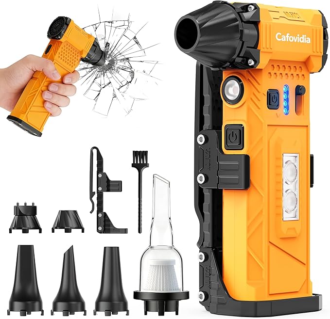 Compressed Air Duster & Vacuum 2-in-1, 180000RPM Brushless Motor Electric Air Duster with 8000mAh Battery, Rechargeable Cordless Air Blower with Window Breaker, 7-Mode Light for PC, Car, Home, Outdoor