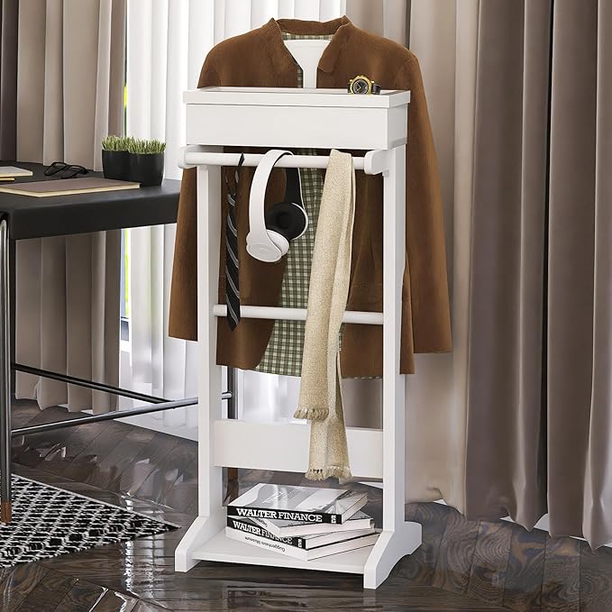 Mens Valet Stand with Top Tray Organizer, Shoe Shelf and Suit Rack, Wooden Clothes Valet Stand for Bedroom Entryway (White)