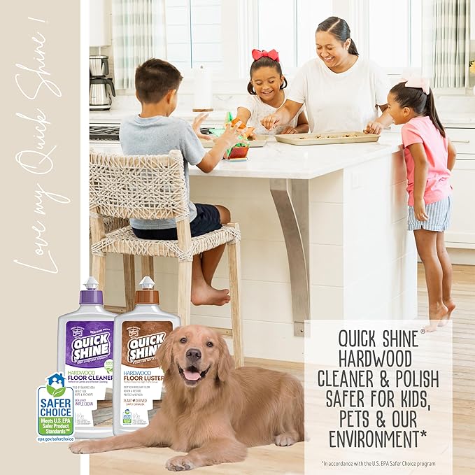 Quick Shine Hardwood Floor Cleaner & Wood Floor Polish w/Plant-Derived Carnauba 27oz Bottles,Removes Scratches,Safer Choice,A Clean That Can Be Seen,(Pack of 4)