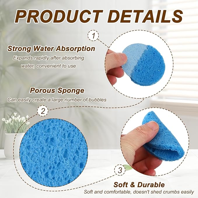 uxcell 20Pcs Cellulose Sponges, Round Kitchen Clean Sponges Non-Scratch Compressed Dish Scrubber for Kitchen Household Cookware Bathroom Cleaning & DIY, Blue