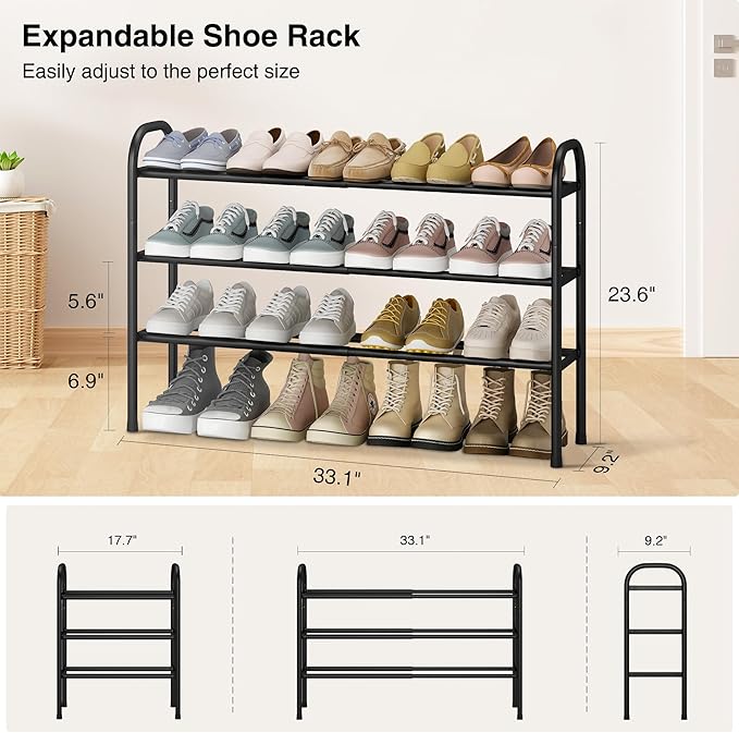 STO STO Expandable Shoe Rack, 3-Tier Metal Small Shoe Rack for Closet, Up to 16 Pairs Adjustable Shoes Racks Storage for Front Door Entrance, Free Standing Shoes Rack Organizer for Entryway, Black