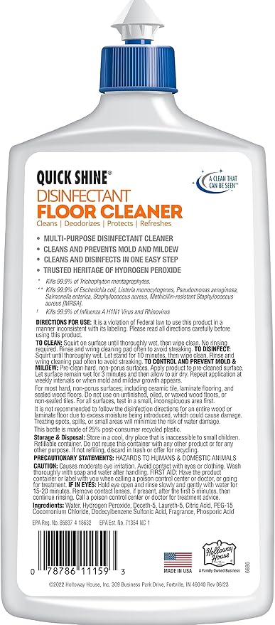 Quick Shine Disinfectant Floor Cleaner 27oz | Hospital Level Disinfectant Kills 99.9% Germs & Bacteria | Cleans w/Power of Hydrogen Peroxide & No Harsh Chemicals | Streak Free & Zero Residue