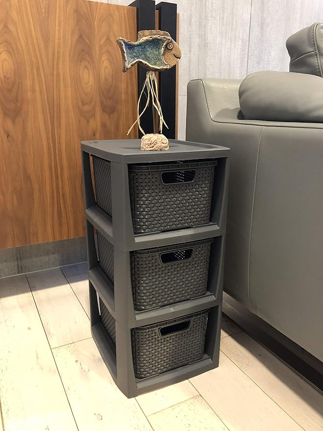 BranQ - Home Essential Shelf in Rattan Look Plastic Polypropylene 29.5 x 24 x 48.7 cm Anthracite