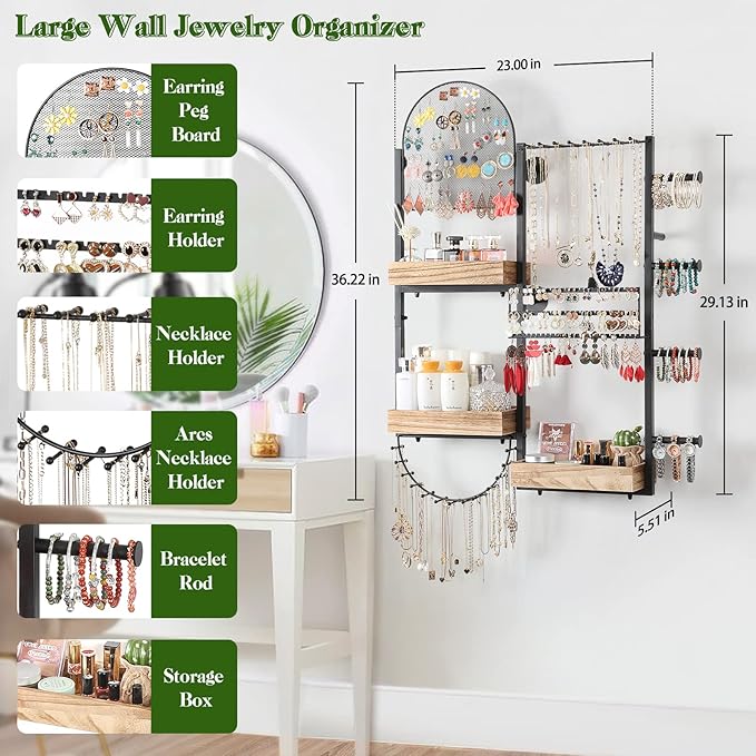 Keebofly Large Jewelry Organizer - Big Wall Mount Hanging Jewelry Holder Display for Earrings, Rings, Necklaces, Bracelets, Makeup, Perfume & Watches