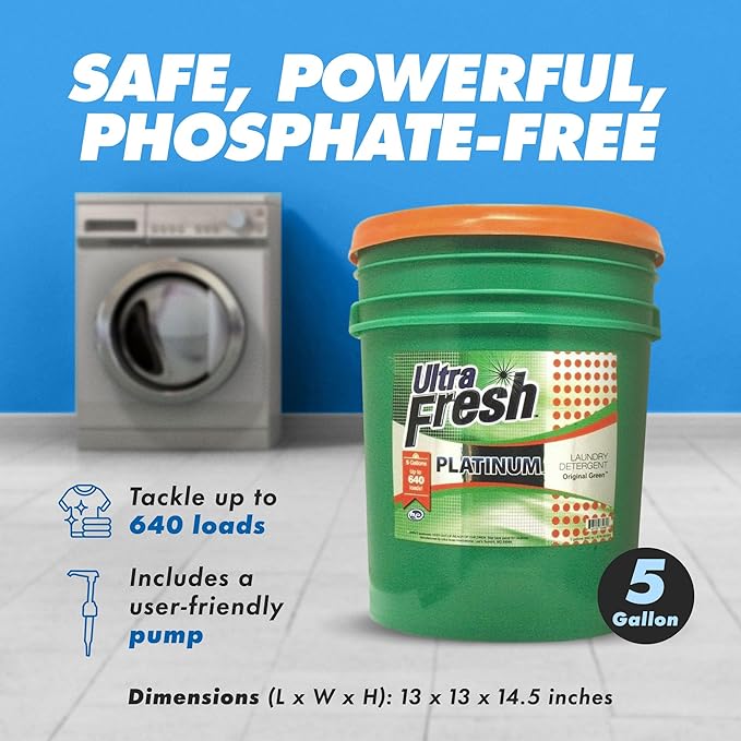 Ultra Fresh 3X Platinum 5 Gallon Laundry Detergent Liquid for All Machine Types with Easy Dispensing Pump, Up to 640 Loads, Original Green (6 Pack)