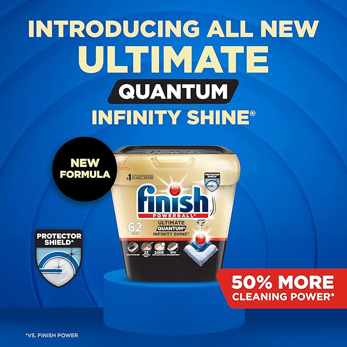 Finish Ultimate Quantum Infinity Shine Dishwasher Pods, New & Improved Formula, Dishwasher Detergent Dish Soap, Removes Burnt-On & Dried-On Stain, Degreasing, Scrubbing, & Shining Power, 62 Count