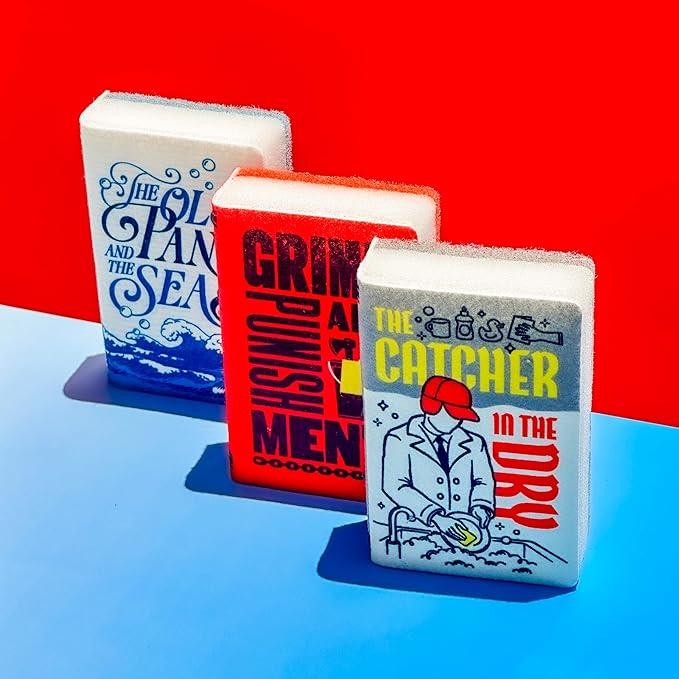 Genuine Fred Neat and Novel Chapter 2, Book Kitchen Sponges, Set of 3 Multi-Layer Sponges with Classic Book Cover Designs, Funny and Functional Gift for Book Lovers