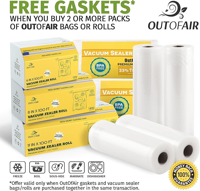 8" x 25' Rolls (Fits Inside Machine) - Pack of 2 (50 feet total) - OutOfAir Vacuum Sealer Rolls. Works with FoodSaver Vacuum Sealers. 33% Thicker, BPA Free, Sous Vide, Commercial Grade