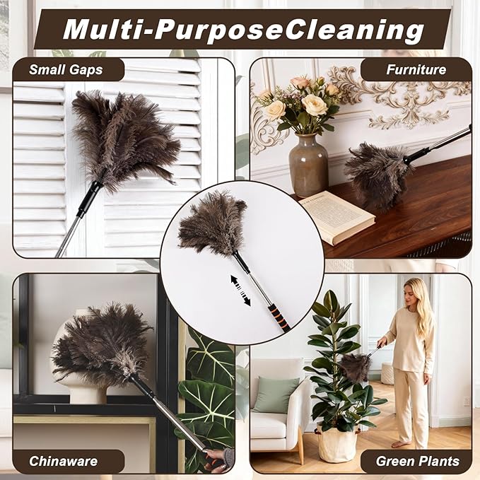 Extendable Ostrich Feather Duster 26-55 Inch, Natural Cleaning Duster with Sponge Grip and Stainless Steel Extension Pole Reusable for High Ceilings, Fans, Blinds, Furniture, Interior & Roof Dusting.