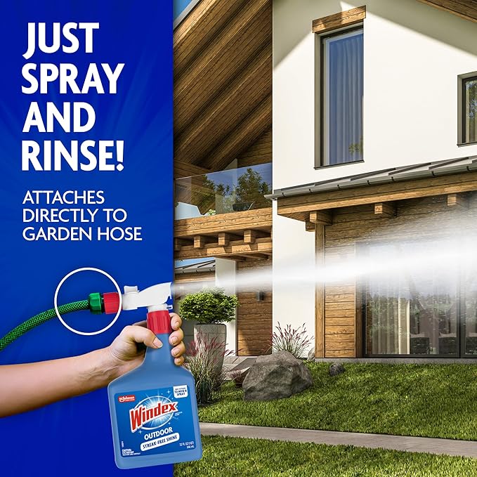 Windex Outdoor Window and Glass Cleaner for Hose Ammonia Free, Concentrated Formula for Deep Outdoor Clean, Patio Cleaner, Compatible With All Hoses, 32 Fl Oz (Pack of 8)
