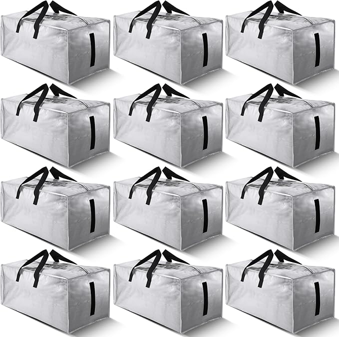Homesure 12 Pack Large Strong Moving Bags with Zippers & Carrying Handles - Water-Resistant - Heavy Duty Storage Tote for Space Saving Moving Storage, Fold Flat, Alternative to Moving Box (Silver)