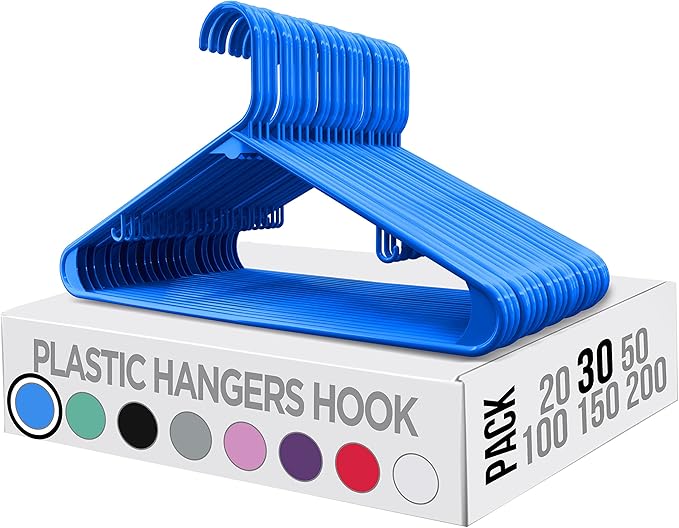 Utopia Home Plastic Hangers 30 Pack - Clothes Hanger with Hooks - Durable & Space Saving (Blue)