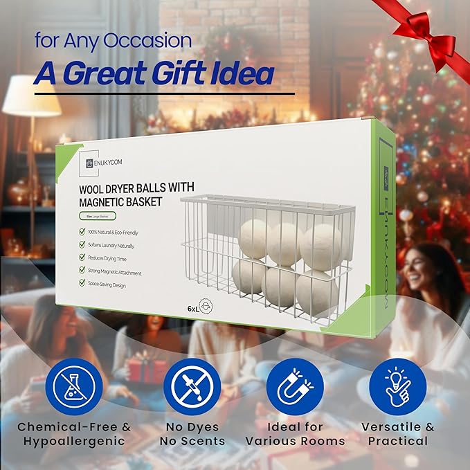 6 XL Wool Dryer Balls & Magnetic Dryer Ball Holder - Natural Fabric Softener, Reusable, Reduces Clothing Wrinkles and Saves Drying Time - Dryer Ball Container for Laundry Room Storage (XXL Size)