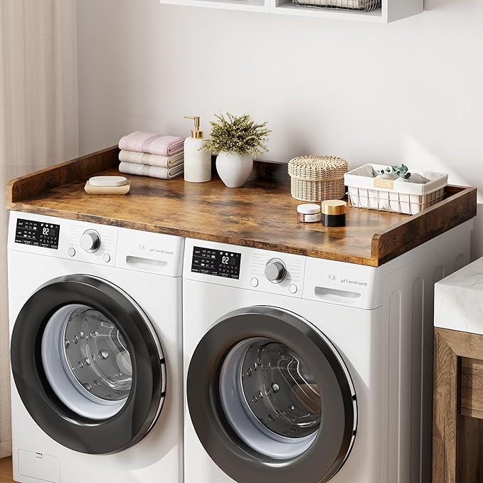 Washer Dryer Countertop, 54.3" x 27.6" Wooden Laundry Countertop with Edge Rails, Washer and Dryer Topper for Laundry Room Organization and Storage