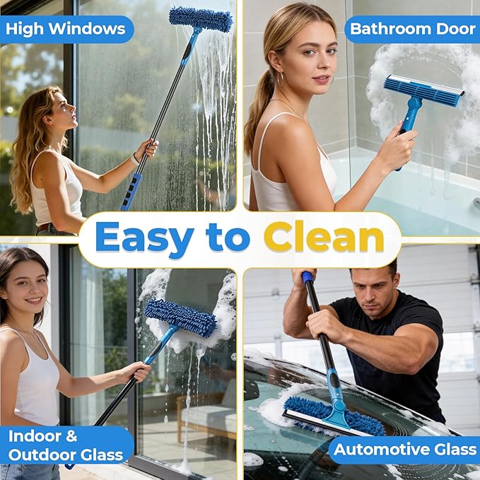 JTIEO 69'' Squeegee for Window Cleaning, 2-in-1 Window Squeegee Cleaner Tool with Extension Pole & Rotating Head, Blue Window Cleaning Kit for Shower Cleaner, Indoor & Outdoor Glass, High Window, Car