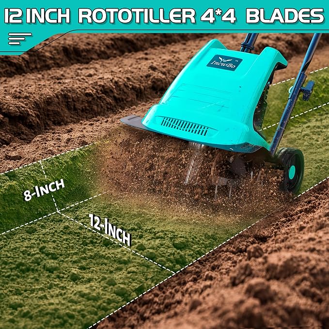 15 Amp 12 Inch Electric Tiller/Cultivator with 4 Steel Tines Small Garden Tiller for Gardening, Corded Rototiller with Adjustable Wheels